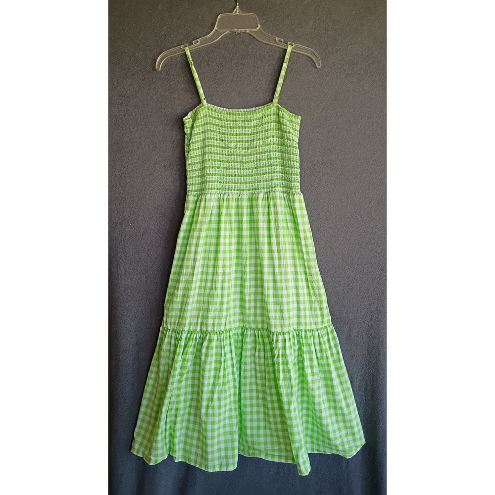 J. Crew Lime Green Gingham Smocked Tiered Midi Dress Small Sleeveless 100%Cotton
